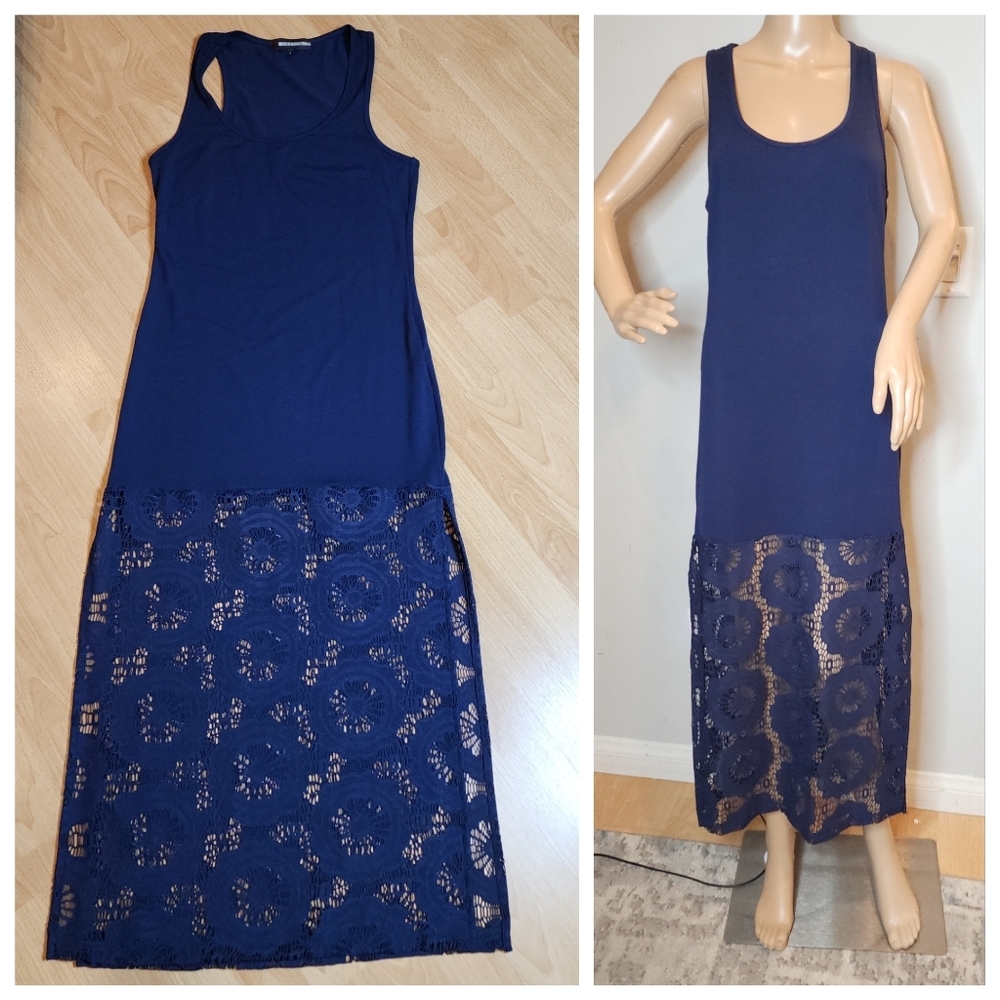 Anatomie Lace Hem Navy Blue Sleeveless‎ Maxi Dress Jersey Viscose Size Small